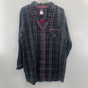 Ashford & Brooks Womens Sleep Shirt‎ Plaid Nightshirt Button Down Black Pink L